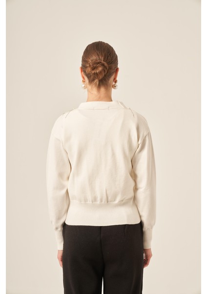 Kadın Şerit Detay Hırka Ekru 25004