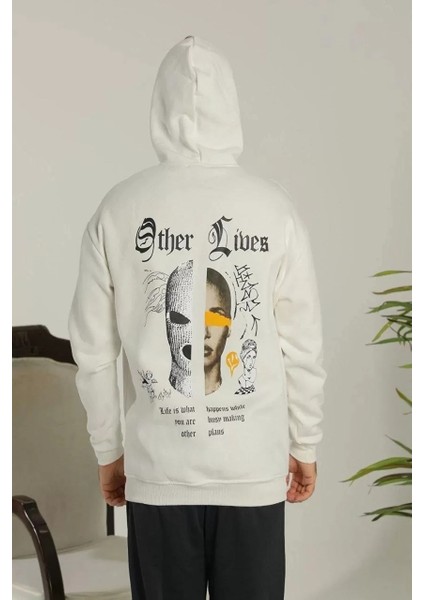 Erkek Kapşonlu Sweatshirt – Oversize Üç Iplik Şardonlu Hoodie, “other Lives” Ön & Arka Baskılı, Kanguru Cepli, Kışlık Rahat Günlük Stil - Beyaz