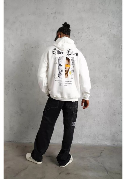 Erkek Kapşonlu Sweatshirt – Oversize Üç Iplik Şardonlu Hoodie, “other Lives” Ön & Arka Baskılı, Kanguru Cepli, Kışlık Rahat Günlük Stil - Beyaz fırsatları