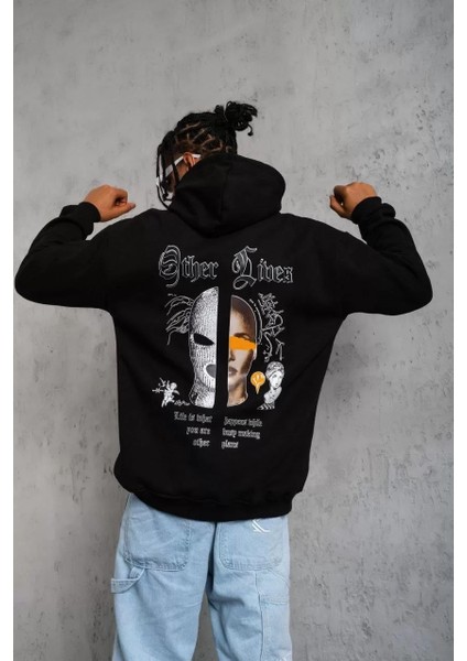 Erkek Kapşonlu Sweatshirt – Oversize Üç Iplik Şardonlu Hoodie, “other Lives” Ön & Arka Baskılı, Kanguru Cepli, Kışlık Rahat Günlük Stil - Siyah indirimleri