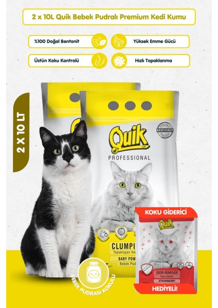 2 Adet 10LT Bebek Pudralı Bentonit Topaklaşan Kokusuz Kedi Kumu 10LT x 2 Adet