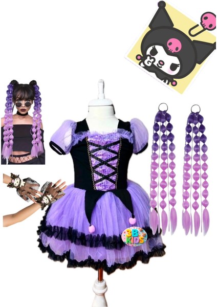 Kuromi Elbiseee Kuromi Kostüm Kuromi Mor Bubble Saç 2 Adet Kuromi Tül Eldiven Seti
