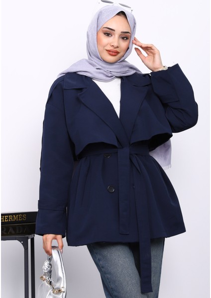 Lacivert Kravuze Yaka Düğmeli Kısa Trençkot