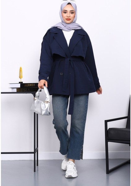 Lacivert Kravuze Yaka Düğmeli Kısa Trençkot fiyatları