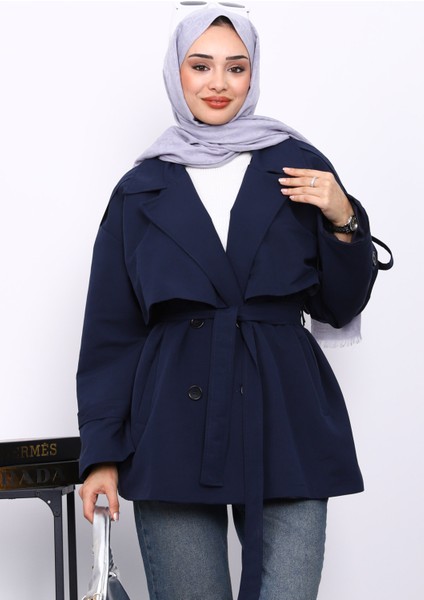 Lacivert Kravuze Yaka Düğmeli Kısa Trençkot modelleri