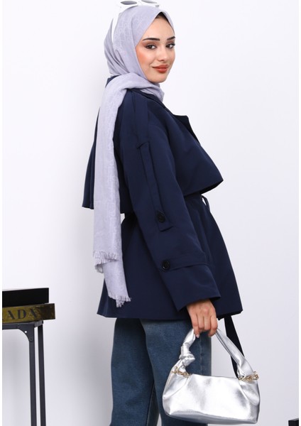 Lacivert Kravuze Yaka Düğmeli Kısa Trençkot fırsatları