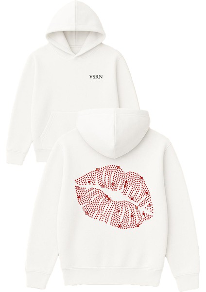 Kırmızı Pırlantalı Dudak Tasarım Baskılı Oversize Beyaz Kapüşonlu Sweatshirt