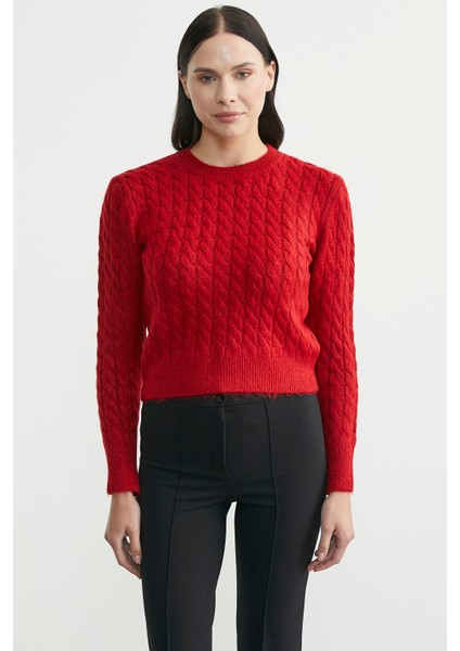 Yumoş Saç Örgü Motifli Triko Kazak - Kırmızı