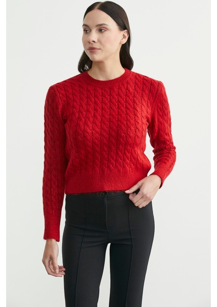 Yumoş Saç Örgü Motifli Triko Kazak - Kırmızı fırsatları