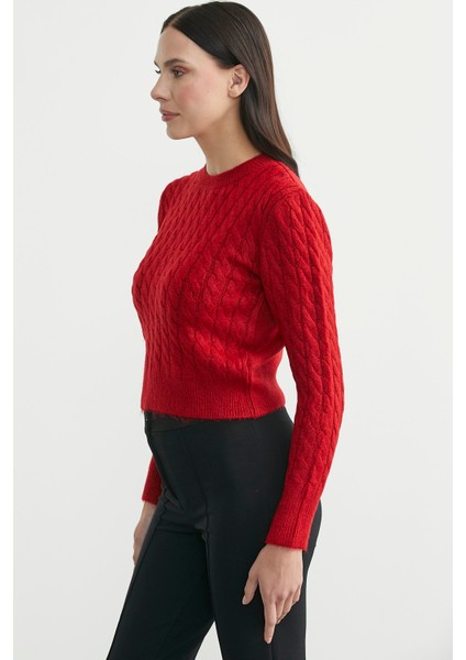 Yumoş Saç Örgü Motifli Triko Kazak - Kırmızı indirimleri