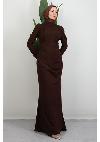 Kolu Tüylü Pile Detay Elbise Kahve modelleri