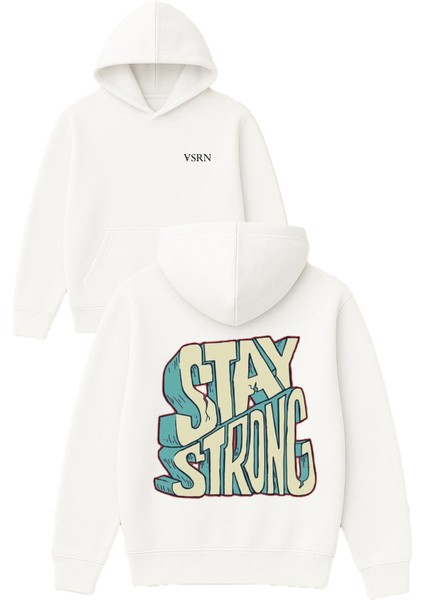 Stay Strong Tasarım Baskılı Oversize Beyaz Kapüşonlu Sweatshirt
