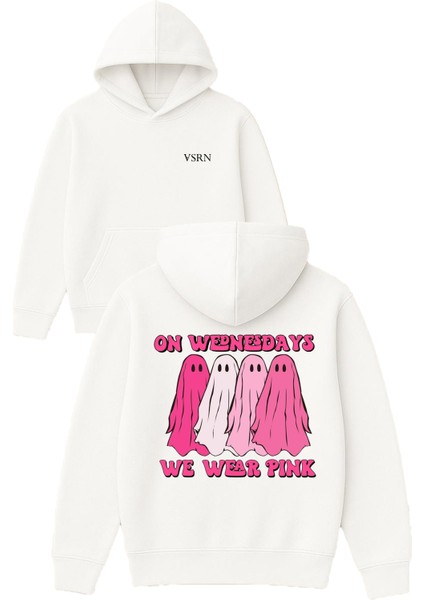 On Wednesdays Tasarım Baskılı Oversize Beyaz Kapüşonlu Sweatshirt