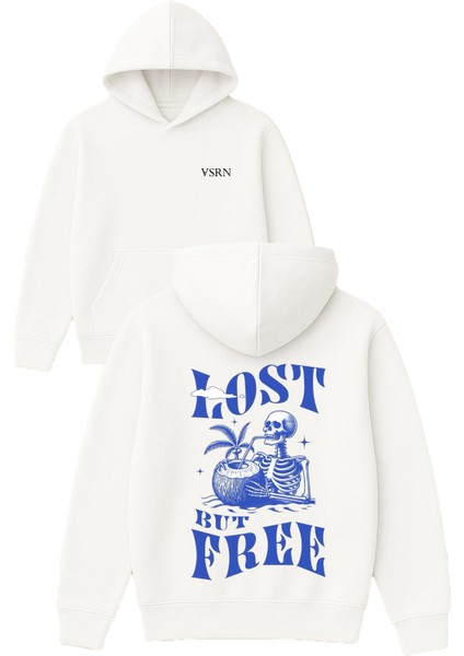 Lost But Free Tasarım Baskılı Oversize Beyaz Kapüşonlu Sweatshirt