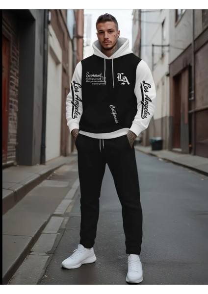 Büyük Beden Özel Tasarım Kapüşonlu Los Angeles La Baskılı %100 Pamuk Kışlık Erkek Eşofman Takımı