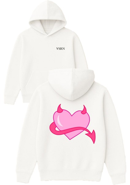 Kuyruklu Kalp Tasarım Baskılı Oversize Beyaz Kapüşonlu Sweatshirt