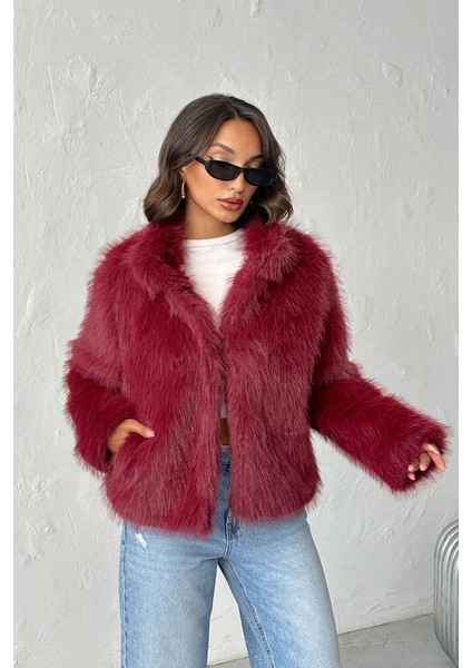 Bordo Kadın Suni Kürk Mont Modern Premium Luxury Trend Tasarım Ceket