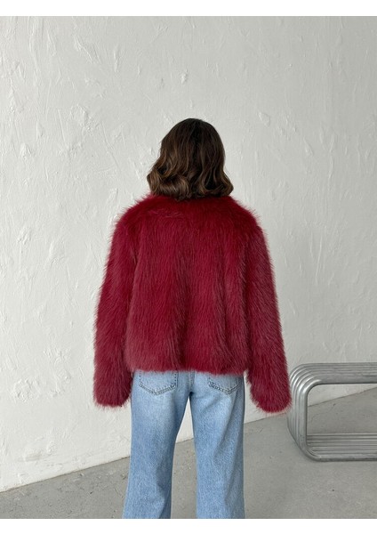 Bordo Kadın Suni Kürk Mont Modern Premium Luxury Trend Tasarım Ceket indirimleri