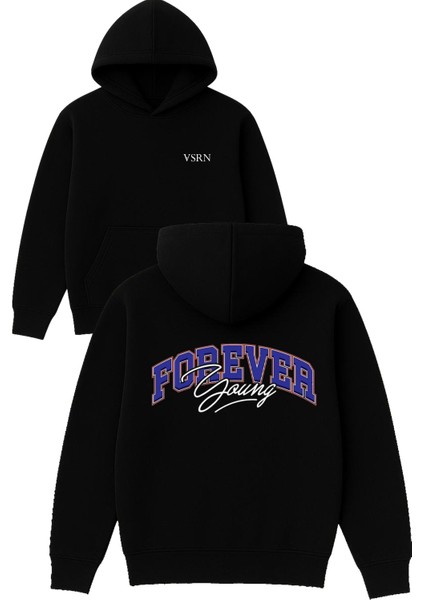 Forever Young Tasarım Baskılı Oversize Siyah Kapüşonlu Sweatshirt
