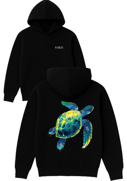 Deniz Kaplumbağsı Tasarım Baskılı Oversize Siyah Kapüşonlu Sweatshirt