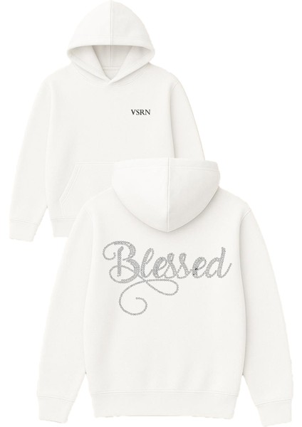 Blessed Parıltılı Tasarım Baskılı Oversize Beyaz Kapüşonlu Sweatshirt