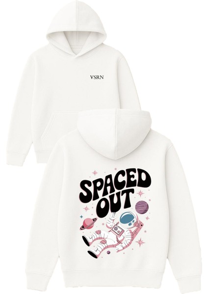 Spaced Out Tasarım Baskılı Oversize Beyaz Kapüşonlu Sweatshirt