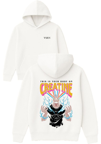 Creatıne Tasarım Baskılı Oversize Beyaz Kapüşonlu Sweatshirt