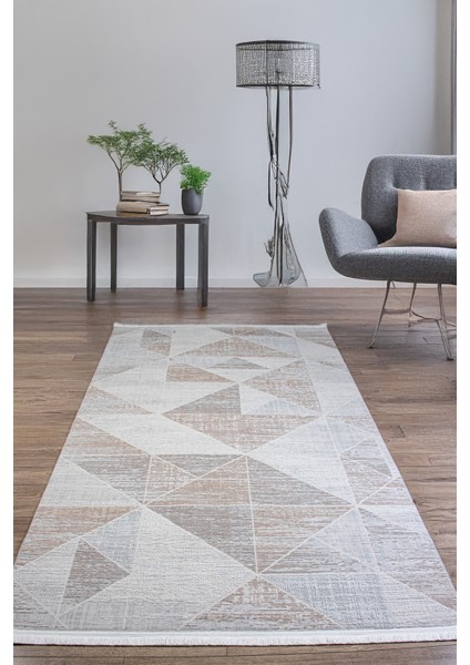 Gri Bej Polyester Halı Antibakteriyel Tozumaz Saçaklı Salon Oturma Çocuk Odası Yolluk Makine