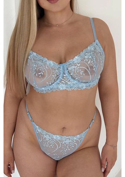 Mavi Balenli Dantelli Büyük Beden Sütyen Takımı modelleri