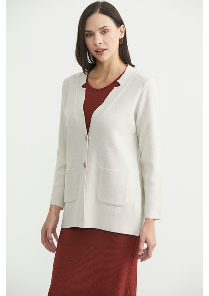 Düğmeli Cep Detaylı Yünlü Triko Ceket - Açık Bej fırsatları