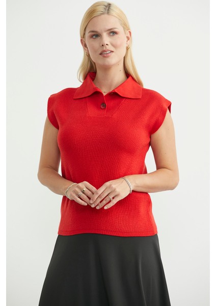 Şal Yaka Yarım Düğmeli Triko Süveter - Kırmızı fiyatları