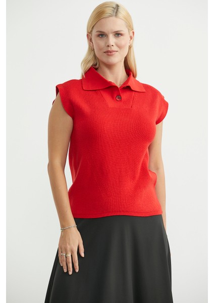 Şal Yaka Yarım Düğmeli Triko Süveter - Kırmızı modelleri