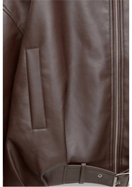 Trend Viral Kemer Detaylı Oversize Deri Ceket