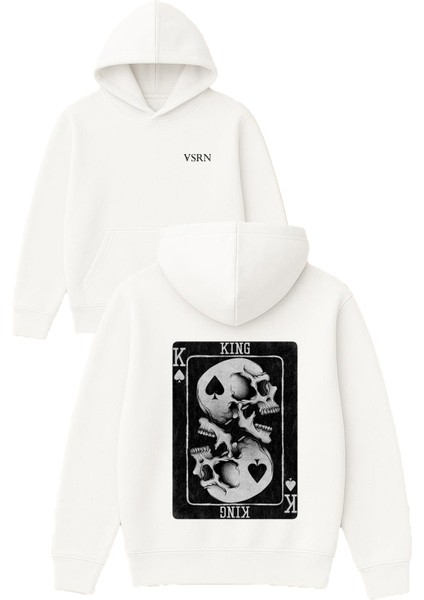 Kart Kıng Tasarım Baskılı Oversize Beyaz Kapüşonlu Sweatshirt