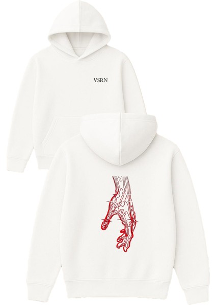 Kırmızı El Tasarım Baskılı Oversize Beyaz Kapüşonlu Sweatshirt