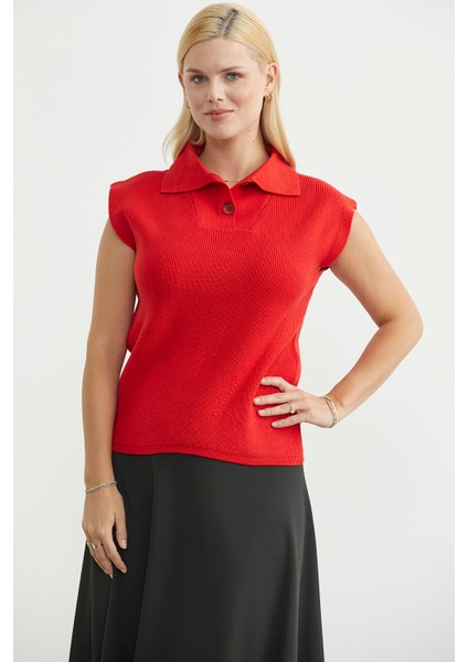 Şal Yaka Yarım Düğmeli Triko Süveter - Kırmızı indirimleri