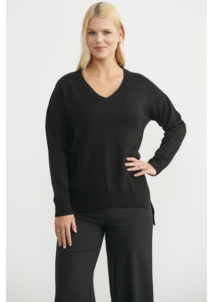 Oversize V Yaka Triko Kazak - Siyah