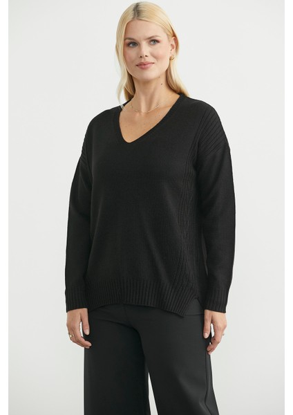 Oversize V Yaka Triko Kazak - Siyah fiyatları