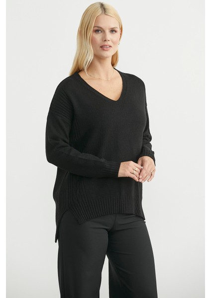 Oversize V Yaka Triko Kazak - Siyah modelleri