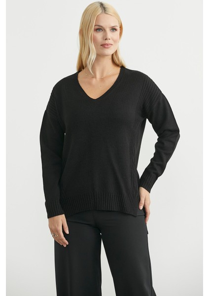 Oversize V Yaka Triko Kazak - Siyah fırsatları