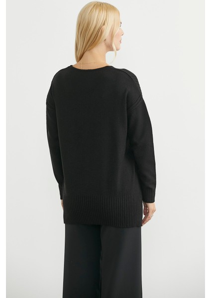 Oversize V Yaka Triko Kazak - Siyah indirimleri