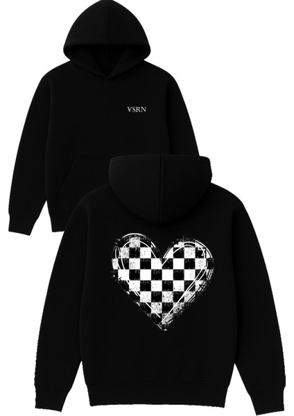 Satranç Kalp Tasarım Baskılı Oversize Siyah Kapüşonlu Sweatshirt