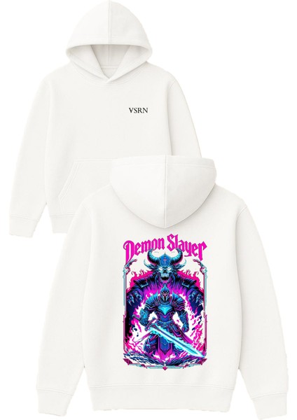 Demon Slayer Tasarım Baskılı Oversize Beyaz Kapüşonlu Sweatshirt
