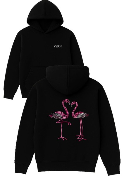 Flamingo Pırlantalı Tasarım Baskılı Oversize Siyah Kapüşonlu Sweatshirt