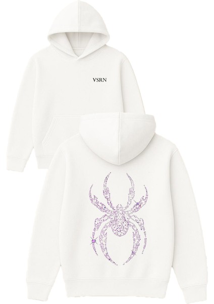 Spider Shine Tasarım Baskılı Oversize Beyaz Kapüşonlu Sweatshirt