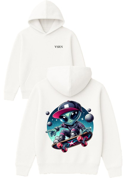 Kaykaycı Uzaylı Tasarım Baskılı Oversize Beyaz Kapüşonlu Sweatshirt