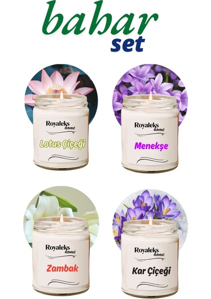 4 Adet Doğal Özel Seri Kokulu Dekoratif Kavanoz Mum 4X210 cc - Bahar Seti - Ryl
