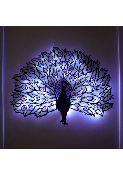 Epoksili Tavus Kuşu Figürlü Tablo Dekoratif Duvar Dekorlu Gece Lambası