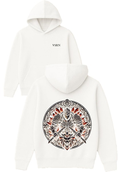 Şövalye Tasarım Baskılı Oversize Beyaz Kapüşonlu Sweatshirt