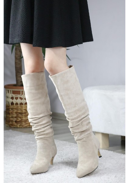Kadın Oslo Topuklu Büzgülü Şık Tarz Günlük Rahat Çizme Bej Süet indirimleri
